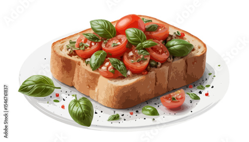 Bruschetta grilled bread slice diced tomato and basil topping tumbling isolated on transparent Food and crispy toasted bread base