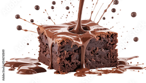 Brownie piece with chocolate splash isolated on white background topped with fudge