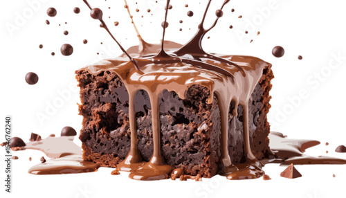 Brownie piece with chocolate splash isolated on white background freshly baked