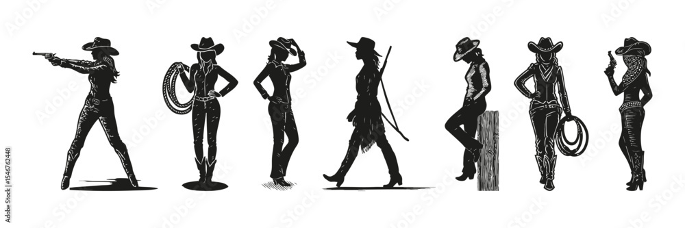 Fototapeta premium Cowgirl Silhouettes In Action Set. Western Lifestyle And Rodeo Theme Collection. Cultural And Entertainment Use. Isolated Vector Illustration