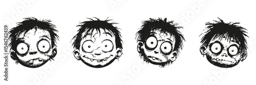 Zombie Faces In Silhouette Set. Horror And Halloween Character Expression Collection. Entertainment And Themed Event Use. Isolated Vector Illustration