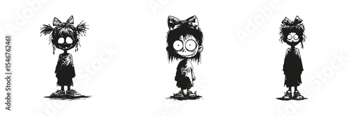 Creepy Child Characters In Silhouette Set. Horror And Halloween Theme Collection. Artistic And Graphic Design Use. Isolated Vector Illustration