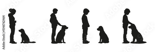 Human And Dog Interaction Silhouette Set. Pet Training And Bonding Symbol Collection. Animal Care And Relationship Use. Isolated Vector Illustration