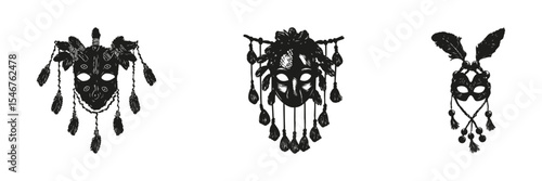 Tribal Mask Silhouettes In Icon Set. Cultural And Artistic Expression Symbol Collection. Decorative And Ethnographic Use. Isolated Vector Illustration