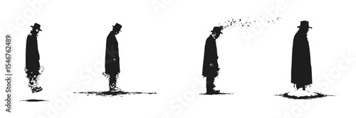 Silhouette Of A Man In Dissolving Form Set. Conceptual Representation Of Decay And Transformation. Artistic And Emotional Use. Isolated Vector Illustration