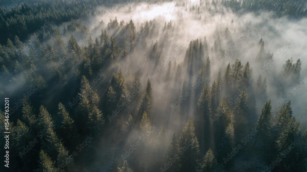 Aerial view of sun rays illuminating a misty evergreen forest, creating a serene and mystical atmosphere during sunrise or sunset. Aerial view of sun rays illuminating a misty evergreen forest, creating a serene and mystical atmosphere during sunrise or sunset.