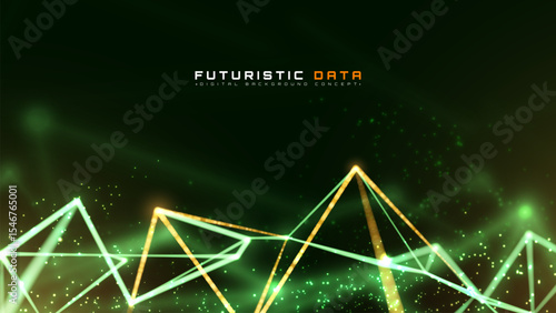 Futuristic Green Background with Glowing Golden Polygon Lines, Dynamic Triangle Wireframe Chart, Sci-Fi Data Visualization Banner, Luxury Trading Analysis Backdrop.