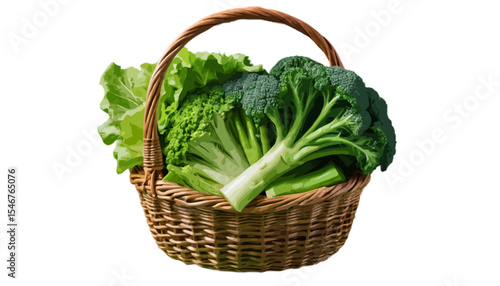 A wicker basket filled with fresh green vegetables symbolizes healthy organic produce