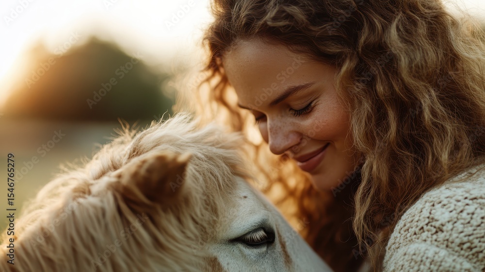 Fototapeta premium A serene moment captured as a young woman softly embraces a horse, illustrating the deep connection between humans and animals with an ambiance of warmth and tranquility.