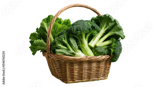 A wicker basket filled with fresh green vegetables promotes healthy organic living