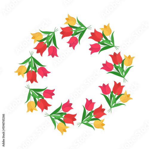 Banner, festive floristic round frame. Flowers, multicolored tulips. Natural plant border. Postcard. Drawing, vector graphics, isolated on white background.