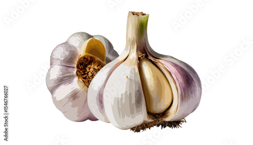 A whole garlic bulb with individual cloves peeled open displayed on a transparent background highlighting freshness