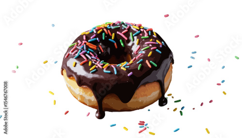 A donut with dark chocolate glaze and rainbow sprinkles on a black background perfect for a banner with ample space to highlight sweetness