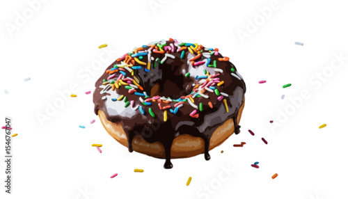 A donut with dark chocolate glaze and rainbow sprinkles on a black background perfect for a banner with ample space for vibrant design