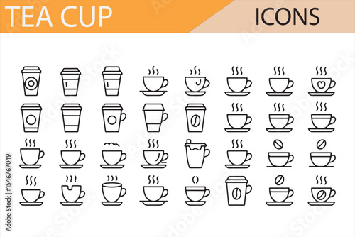 Steaming Tea and Coffee Cup Icons in Line Art

