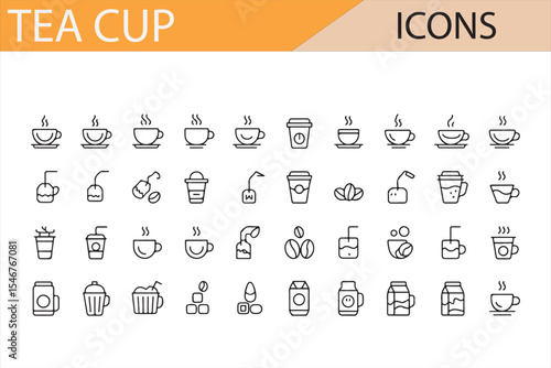 Tea and Coffee Cup Line Icons for Drinks

