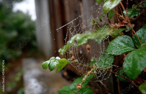 Spider building web covered with dew drops after rain