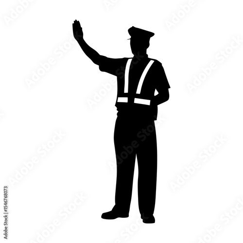 Black silhouette of police officer directing traffic on white background vector illustration