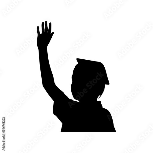 Black silhouette of student raising hand on white background vector illustration