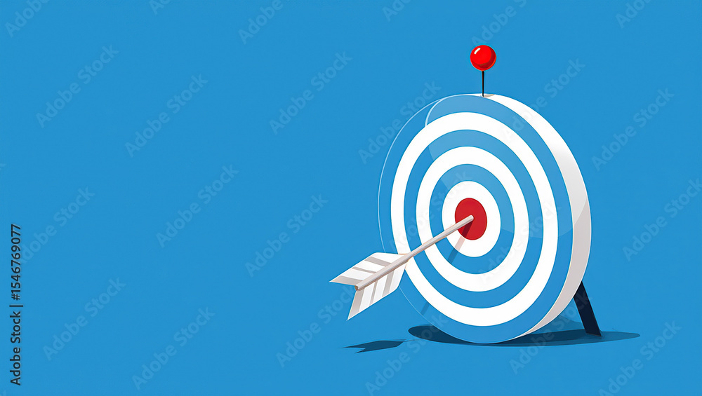 Conceptual Illustration of a Target with Arrow Hitting the Center, Representing Goal Achievement, Strategic Planning, and Accurate Aim in Business and Personal Development on a Blue Backdrop Conceptual Illustration of a Target with Arrow Hitting the Center, Representing Goal Achievement, Strategic Planning, and Accurate Aim in Business and Personal Development on a Blue Backdrop