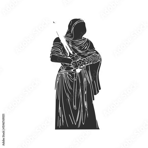 Medieval Warrior With Sword Silhouette Illustration. Strength And Honor Theme Isolated Vector Illustration