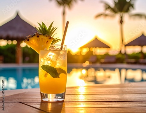Close-up of a refreshing tropical drink with pineapple slice and mint on a poolside table, soft hotel resort