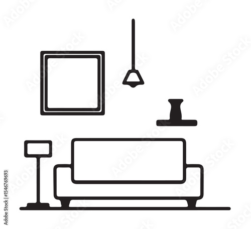 Elegant interior furniture logo vector featuring a stylish sofa and home accessories in clean line art. Perfect for decor brands, salons, interior designers, furniture stores, and branding.