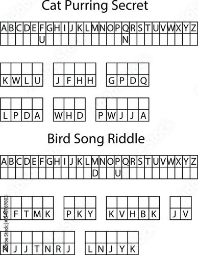 Cat Purring Secret and Bird Song Riddle Letter Grid Puzzles vector