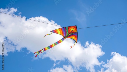Colorful summer kite tangled on a power line, viewed from below against a pure blue sky