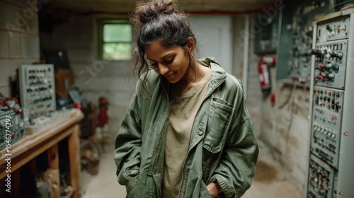 Wallpaper Mural A contemplative woman wearing a green jacket stands in an industrial environment, evoking feelings of nostalgia and introspection amid vintage machinery. Torontodigital.ca