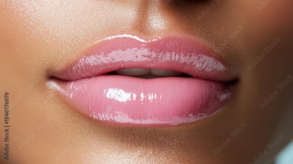 Obraz premium This close-up image beautifully captures glossy pink lips, showcasing a subtle shine that adds allure and elegance, perfect for beauty and cosmetic themes.
