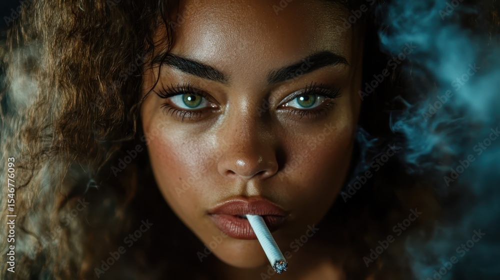 Fototapeta premium A striking close-up of a fashionable woman with captivating green eyes, smoking a cigarette, exudes confidence and allure, capturing an edgy yet artistic moment of self-expression.