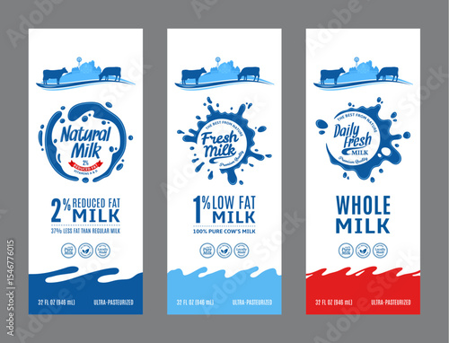 Milk labels in modern style. Milk packaging design templates, dairy product branding and identity