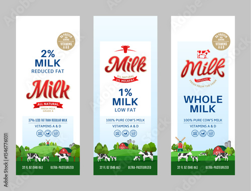 Milk labels in modern style. Milk packaging design templates. Dairy farm illustrations