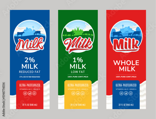 Vector milk labels. Milk box packaging design templates. Dairy farm illustrations