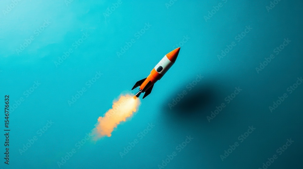 Orange and black toy rocket launching against a blue background. Orange and black toy rocket launching against a blue background.