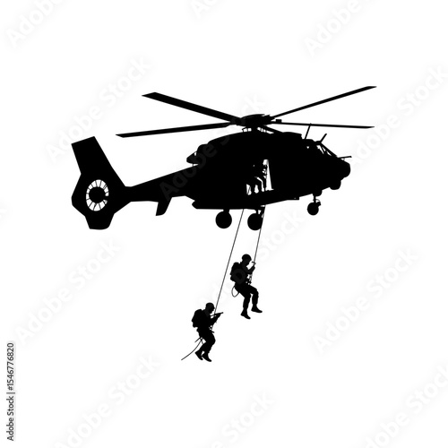 Helicopter rescue mission: Two soldiers rappelling from a helicopter during a daring rescue mission. The silhouette emphasizes the urgency and bravery of the operation.