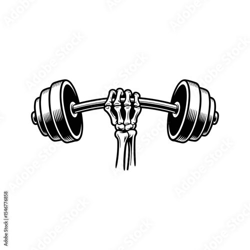 Strength in Bone: A striking monochrome illustration of a skeletal hand gripping a barbell, symbolizing enduring power and skeletal tenacity