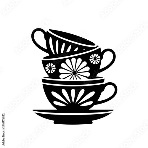 Stacked Teacups Silhouette: A monochrome illustration showcasing three teacups and a saucer elegantly arranged in a stack, with a focus on design and style