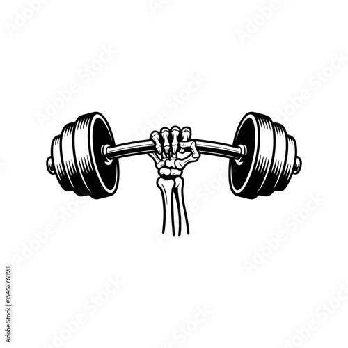 Strength in Every Rep: A skeletal arm, etched in meticulous detail, gripping a heavy barbell, embodies the unwavering dedication and powerful transformation achievable through consistent effort.