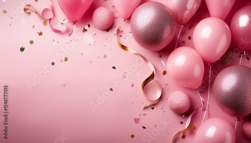 pink birthday background with balloons confetti and streamers