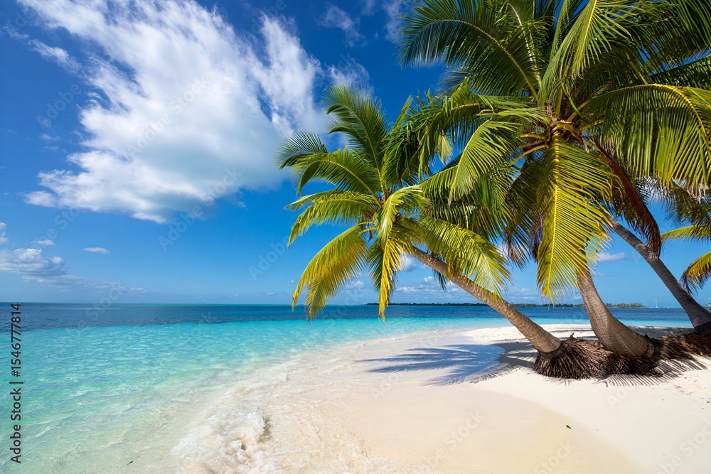Obraz premium Tropical beach scene Palm trees white sand turquoise water free beach background