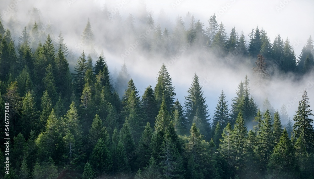 Obraz premium misty forest with tall evergreen trees and fog rolling over dense green landscape
