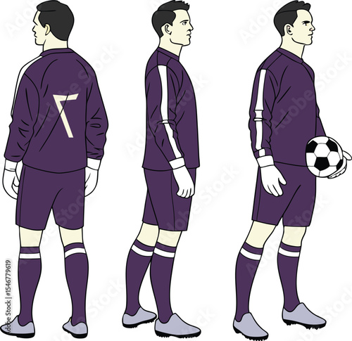 Soccer player in purple kit shown from front, side, and back views, holding ball and ready for game, athletic male football player in dynamic pose showcasing uniform and action.