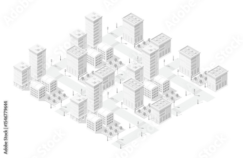 Modern city center with skyscrapers, streets and trees forming