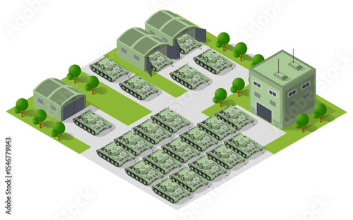 Military base with tanks, missile launchers, and buildings managing