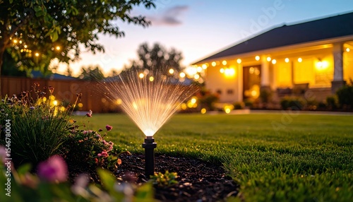 Water sprinkler spraying under summer night sky in a suburban backyard, warm house lights in the background, glowing bokeh droplets