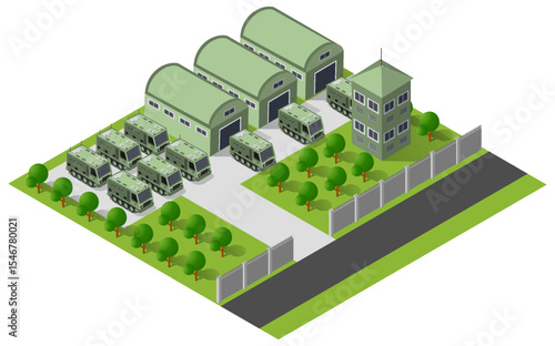 Military base with tanks, missile launchers, and buildings managing