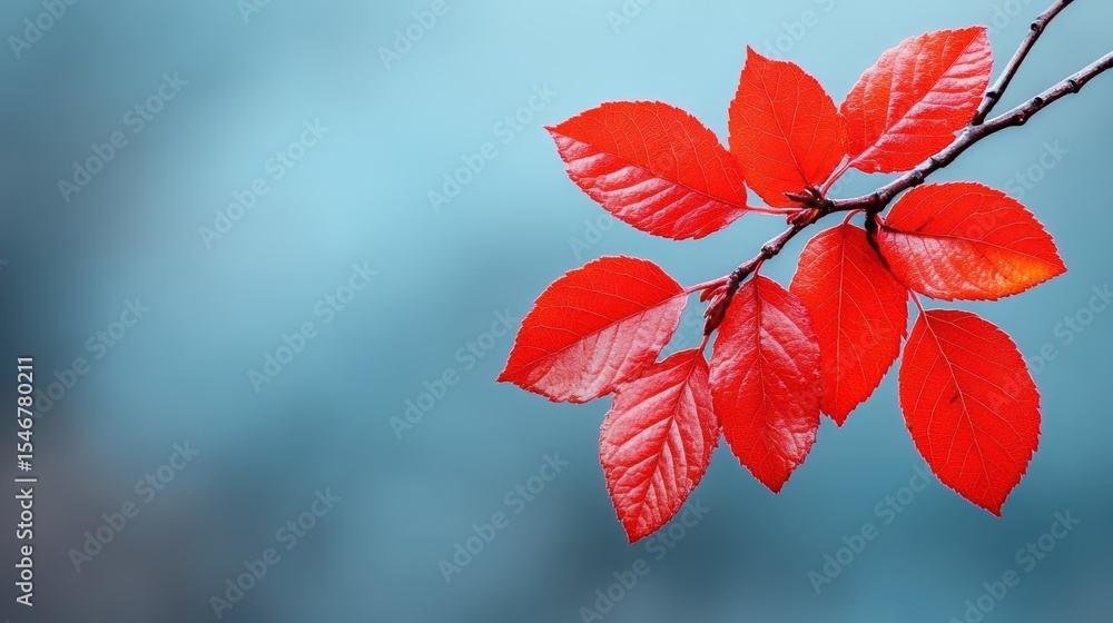Obraz premium A stunning composition of vibrant red leaves, gracefully hanging from a branch, contrasted against a soft blue background, evoking feelings of tranquility and beauty.