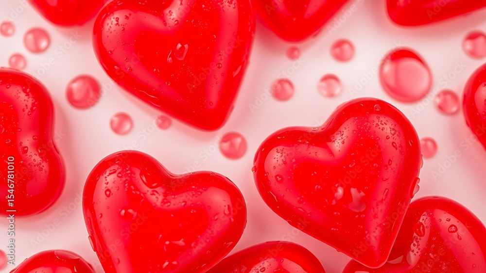 Glossy Red Heart Candies with Water Droplets - Close-Up Glossy Red Heart Candies with Water Droplets - Close-Up